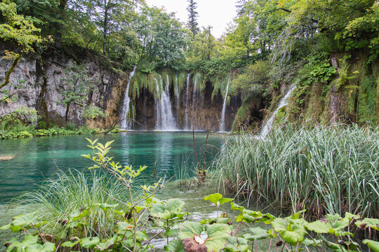 Plitvice Lakes National Park, Croatia, Europe: Idyllic pond with turquoise water and waterfalls streaming down from tufa slopes - surrounded by endemic plants