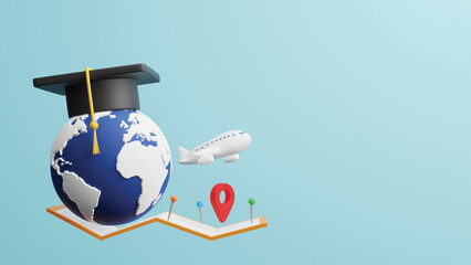 Study abroad concept design of world with graduation cap and plane map pin and location sign 3D render - 505379964