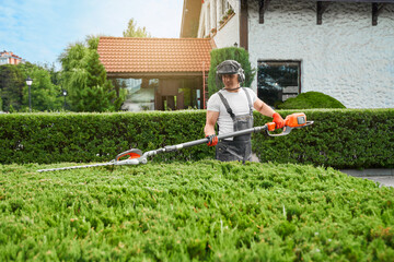 Professional gardener cutting bushes with electric hedge trimmer during summer time. Caucasian man...