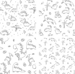 Dino Set of seamless patterns. Baby Vector illustration of one color cartoon character. Doodle in a childish hand-drawn Scandinavian style