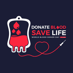 world blood donor day, donate blood save life text and drop blood in blood bag and line heart shape symbol on dark background vector design - obrazy, fototapety, plakaty