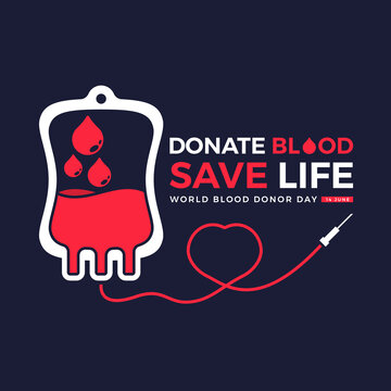 world blood donor day, donate blood save life text and drop blood in blood bag and line heart shape symbol on dark background vector design