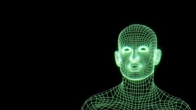 Talking mesh head. Grid head conversation. Animated speaking neon head. Speaking mesh mask.