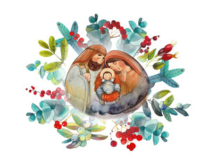 Hand drawn watercolor painting Holy family: Virgin Mary, Jesus Christ, Joseph in floral winter decor. Merry Christmas greeting card, christian publications and prints