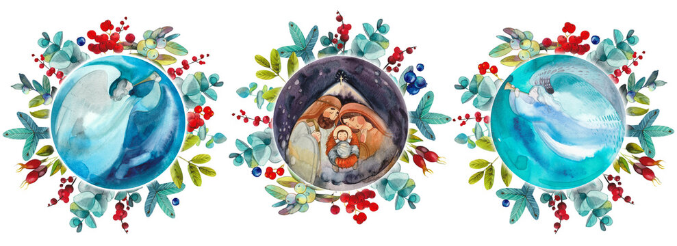 Seamless banner, Christmas border: Holy family, nativity scene, angels. In Christmas flower wreaths. For Christmas prints, publications and holiday items. religious art
