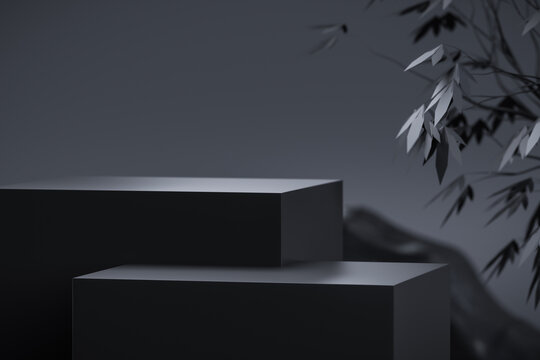 Black stone pedestal background presentation 3d stage podium of abstract nature tree branch leaf or product platform stand display rock showcase and empty dark marble premium scene blank space mockup.