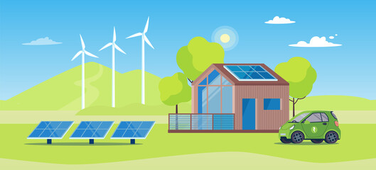 Eco-friendly modern house on green energy, eco car. The concept of using clean energy in a private house. Environment protection, the use of an electric vehicle, windmills, solar panels. Vector banner