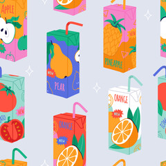 Juicy orange, apple, pineapple, tomato, pear. Bright seamless pattern with juice boxes. Hand drawn colored vector illustrations. Kids drink. Cartoon style.