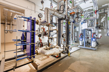 Modern industial pumping station with heal exchangers and valves