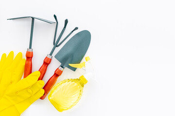 Tools set for farmers gardener, top view. Gardening concept