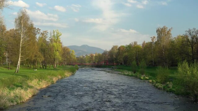 Frydek Mistek and Ostravice River with view of Lysa Hora in the background, Beskydy Mountains, Czech Republic