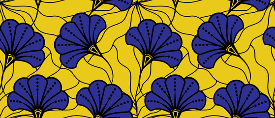 African ethnic traditional yellow, Blue pattern. seamless beautiful Kitenge, chitenge, dutch wax style. fashion design in colorful. botanical abstract motif. floral Ankara prints, African wax prints. - obrazy, fototapety, plakaty