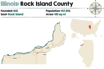 Large and detailed map of Rock Island county in Illinois, USA.