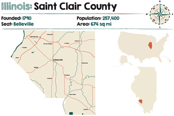 Large and detailed map of Saint Clair county in Illinois, USA.