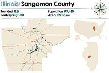 Large and detailed map of Sangamon county in Illinois, USA. - obrazy, fototapety, plakaty