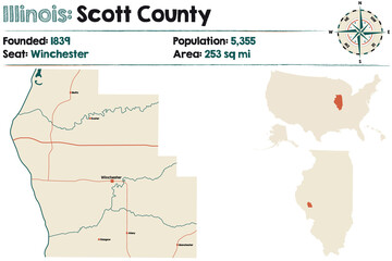 Large and detailed map of Scott county in Illinois, USA.