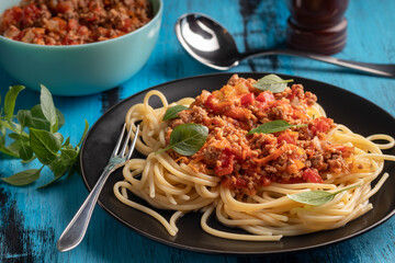 Spaghetti pasta with bolognese sauce. Homemade bolognese sauce
