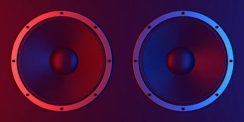 abstract sound speaker with blue and red colors - 3D Illustration - obrazy, fototapety, plakaty