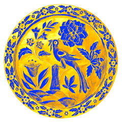 Ukrainian Decorative plate in Gzhel style. yellow blue Colorful Fabulous bird. painted ornament. Ukrainian flowers ornamental decor.
