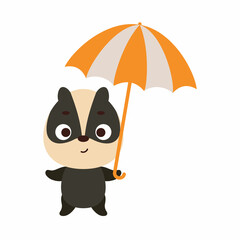 Cute little badger with umbrella. Cartoon animal character for kids t-shirts, nursery decoration, baby shower, greeting card, invitation, house interior. Vector stock illustration