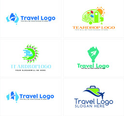 A set of illustration travel logo with various kinds symbol such as plane in the sky, Teardrop camper and flower park garden, and suitcase combination plane logo vector design. Isolated on white 