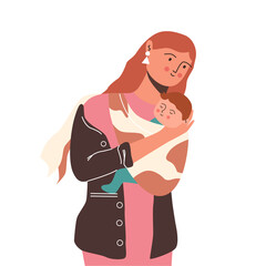 Happy young mother with a baby in a sling. Vector illustration.