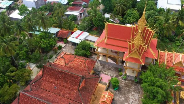 Aerial view of Xa Ton or Xvayton pagoda in Tri Ton town, one of the most famous Khmer pagodas in An Giang province, Mekong Delta, Vietnam.