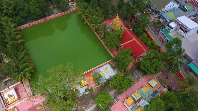 Aerial view of Xa Ton or Xvayton pagoda in Tri Ton town, one of the most famous Khmer pagodas in An Giang province, Mekong Delta, Vietnam.