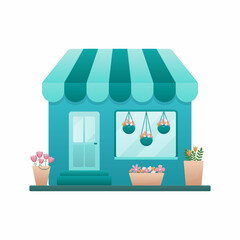 vintage shop, nice blue building with flower beds. vector illustration on white isolated background