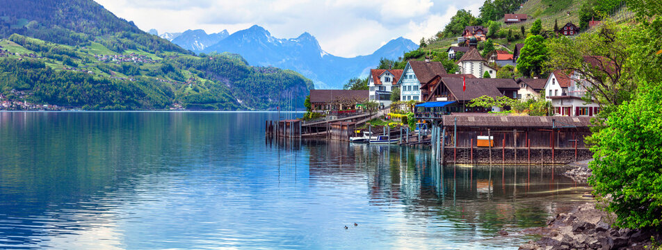 Idyllic nature of Swiss lakes - Walensee ,tranquil typical small village Quinten. Switzerland scenic landscape