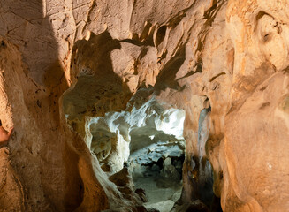 Close up photo of rock formations in Karain cave in antalya turkey.