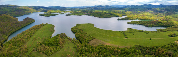 Fototapeta na wymiar Amazing aerial panorama from a drone at Dam Yovkovtsi, Bulgaria