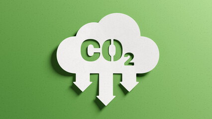 Reduce CO2 emissions to limit climate change and global warming. Low greenhouse gas levels, decarbonize, net zero carbon dioxide footprint. Abstract minimalist design, cutout paper, green background.