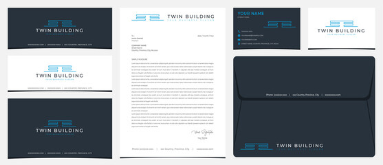 Fototapeta na wymiar Twin building logo with stationery, business card and social media banner designs