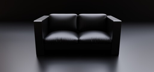 Black two seat sofa isolated on black background. Front view of furniture. Banner. 3d rendering