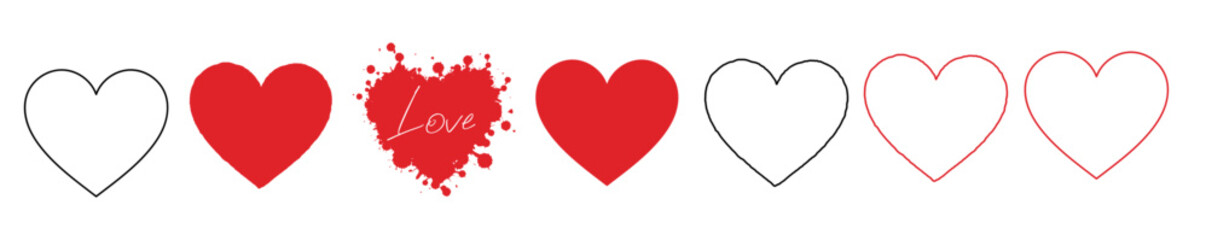 A set of different hearts in red and black: simple, hand-drawn and in the form of blots without a background