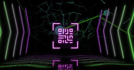 Animation of qr code over neon shapes and networks of connections on black background - Powered by Adobe