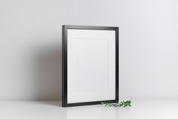 Vertical frame mockup in white minimalistic room with copy space for artwork, photo or print presentation