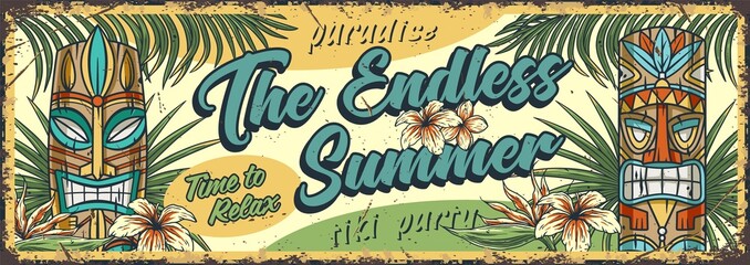 Summer beach tiki sign. Surfing poster with tiki mask and tropical leaves © Casoalfonso