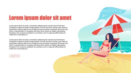 A girl with a laptop lies on a sun lounger on the beach. Layout for banner, site, advertising. Work and travel. Vector illustration.