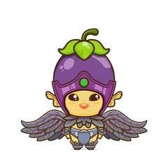 Fotobehang cute eggplant character. vegetable and fruit mascot with leaf wings. illustration in kawaii style. suitable for animation, children's content and all ages. for making cute patterns, bg, gift wrap © Roni Dan