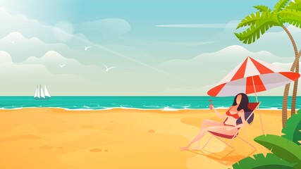 Fototapeta na wymiar A girl on a sunny beach lies on a sun lounger with a cocktail. Tropical landscape. Vector illustration.