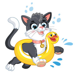 Cute kitten in an inflatable circle cartoon character vector illustration