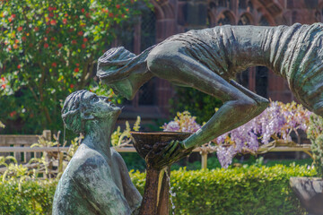  The beautiful Water of Life sculpture in the cloister garth garden at Chester Cathedral in the historic city of Chester in Cheshire, UK.