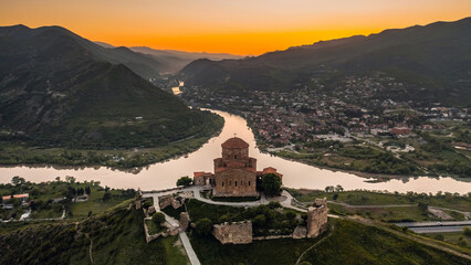 Aerial view of Jvari Monastery before sunset