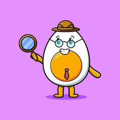 Cute cartoon character Boiled egg detective is searching with magnifying glass and cute style design 