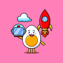 Cute mascot cartoon character Boiled egg as astronaut with rocket, helm, and cloud in cute style 