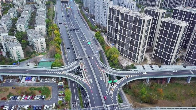 aerial view of elevated road in midtown of hangzhou at twilight
