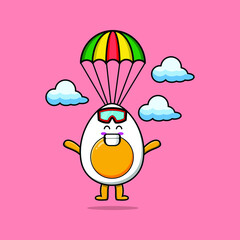 Cute mascot cartoon Boiled egg is skydiving with parachute and happy gesture cute modern style design