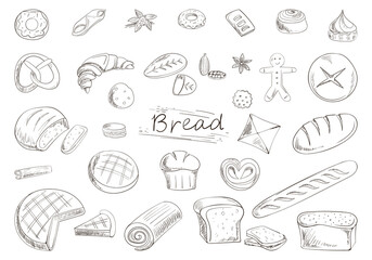 vector set of a sketch of buns and bread, various pastries. for the menu, signage and decoration of the confectionery and bakery
